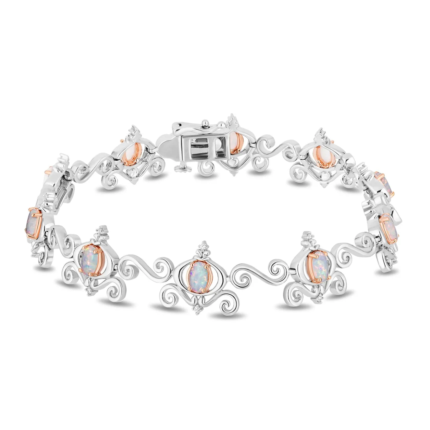 Enchanted Disney Fine Jewelry Sterling Silver and 10K Rose Gold with 1/10 CTTW Diamonds and Created Opal Cinderella Bracelet