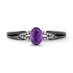 Enchanted Disney Fine Jewelry 14K White Gold with Black Rhodium Ursula Gemstone Engagement Ring with Oval Amethyst Center and 1/4 CTTW Diamonds