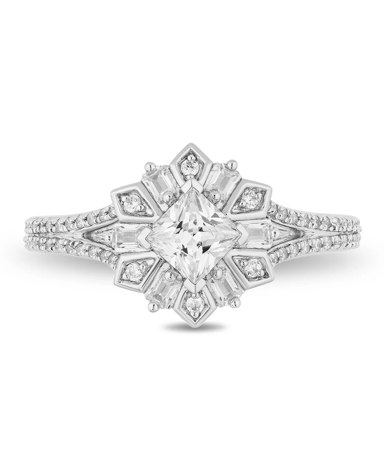 Enchanted Disney Fine Jewelry 14K White Gold with 3/4 CTTW Princess Baguette and Round Shape Diamond Elsa Snowflake Engagement Ring