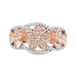 Enchanted Disney Fine Jewelry Sterling Silver and 10K Rose Gold with 1/4 CTTW Diamond Moana Plumeria Flower Ring