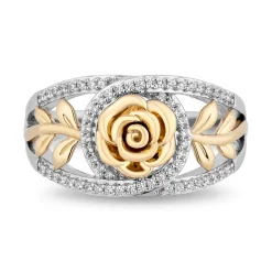 Enchanted Disney Fine Jewelry Sterling Silver and 10K Yellow Gold with 1/5 CTTW Diamond Belle 30th Rose Ring
