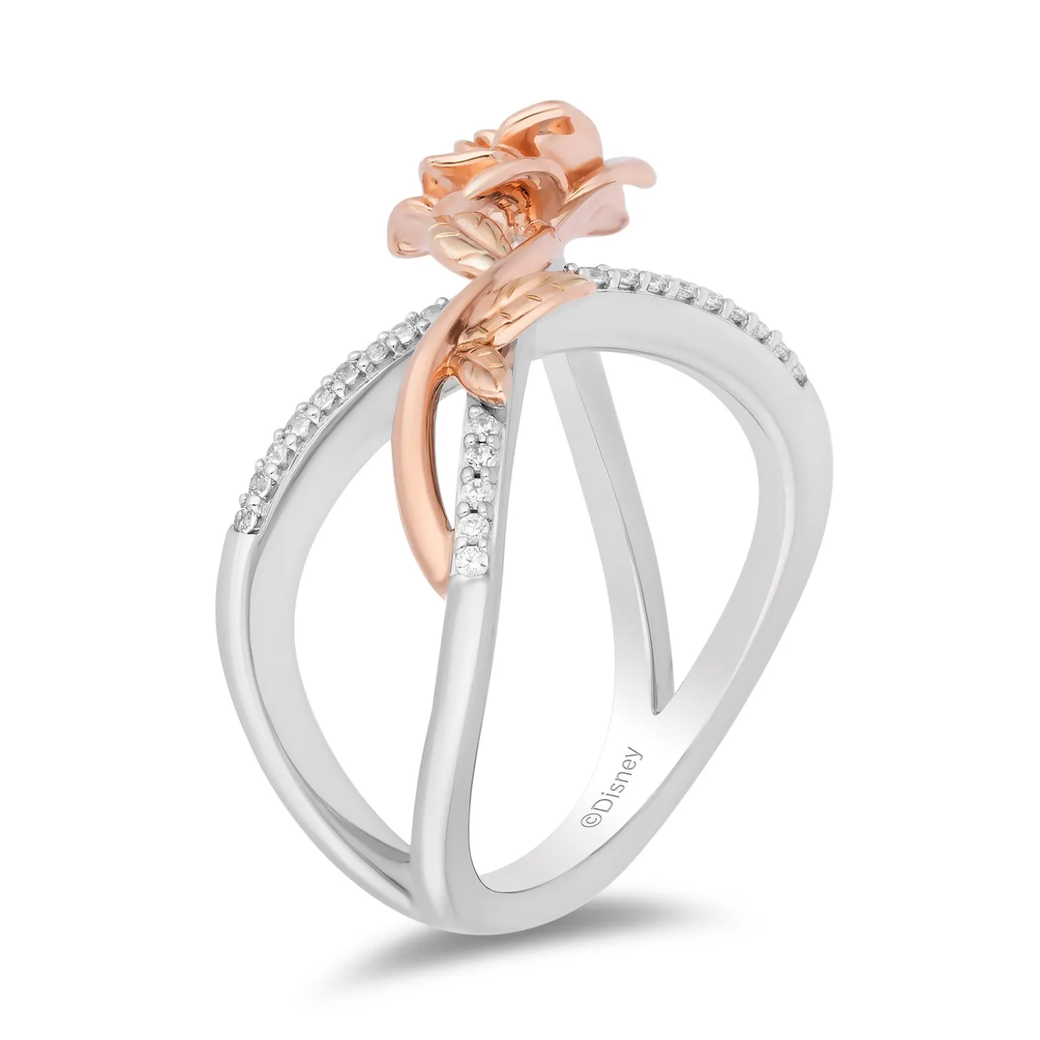 Enchanted Disney Fine Jewelry Sterling Silver and 10K Rose Gold 1/7 CTTW Diamond Belle Rose Cross Ring