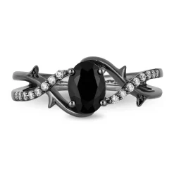 Enchanted Disney Fine Jewelry Black Rhodium Over Sterling Silver with 1/10 CTTW Diamond and Black Onyx Maleficent Ring