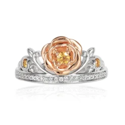 Enchanted Disney Fine Jewelry 14K Rose Gold Over Sterling Silver with 1/10 CTTW Diamond with Yellow Citrine Belle Rose Ring