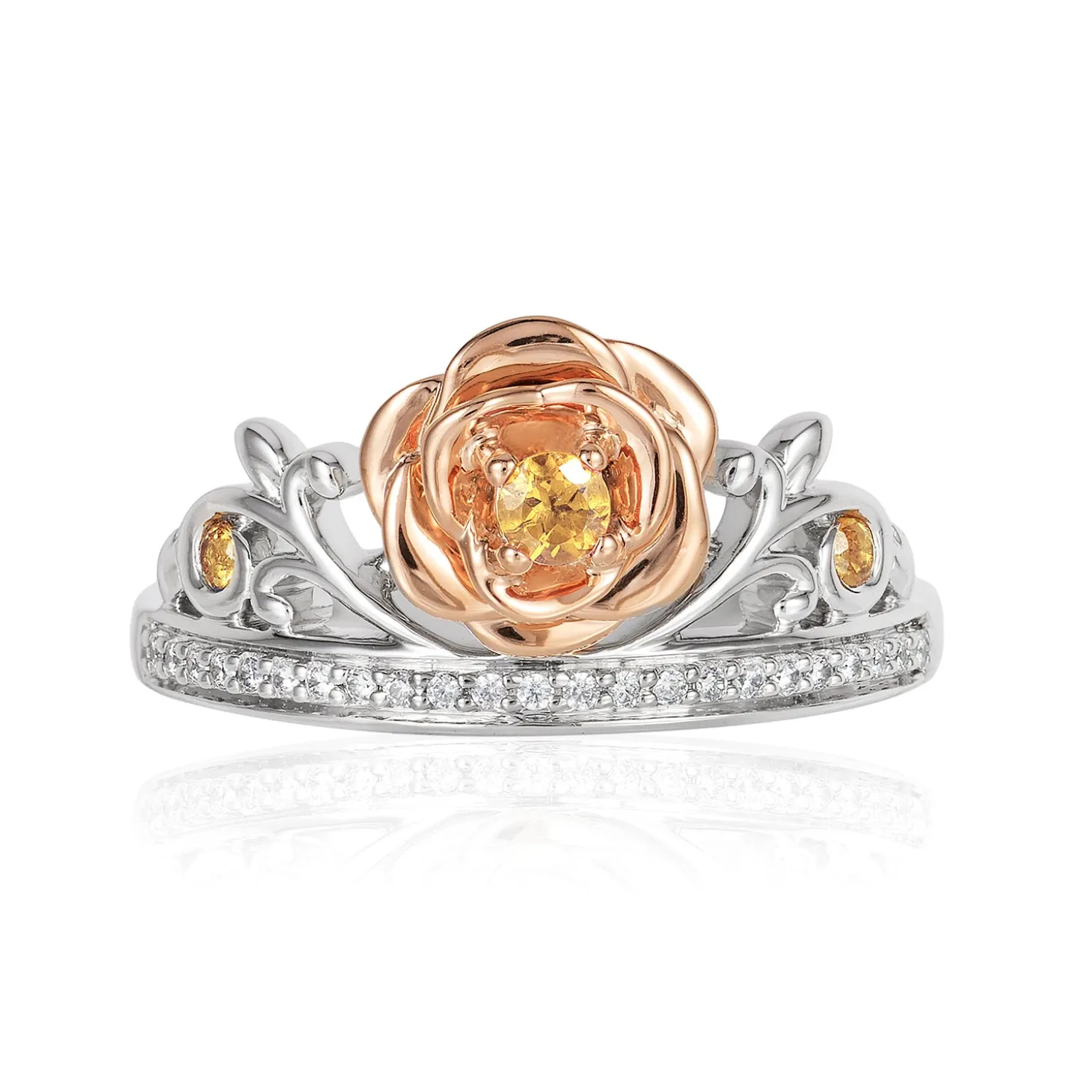 Enchanted Disney Fine Jewelry 14K Rose Gold Over Sterling Silver with 1/10 CTTW Diamond with Yellow Citrine Belle Rose Ring
