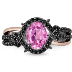 Enchanted Disney Fine Jewelry 14K Rose Gold over Sterling Silver with Black Rhodium with 1/4 CTTW Diamond and Created Pink Sapphire Maleficent Ring