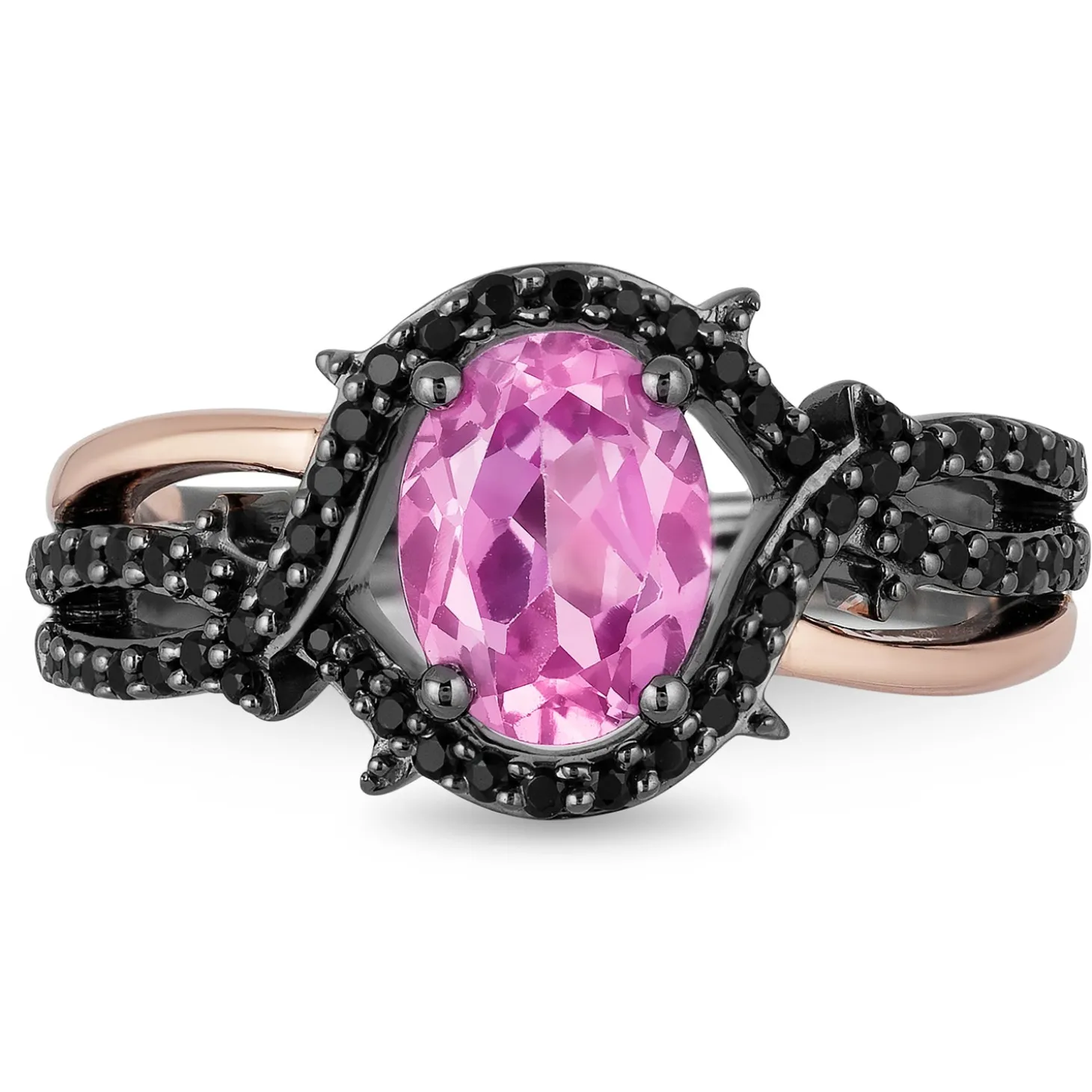 Enchanted Disney Fine Jewelry 14K Rose Gold over Sterling Silver with Black Rhodium with 1/4 CTTW Diamond and Created Pink Sapphire Maleficent Ring