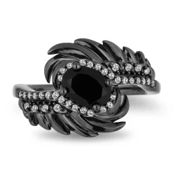 Enchanted Disney Fine Jewelry Black Rhodium over Sterling Silver 1/6 CTTW Diamond and Onyx Maleficent Wings Ring