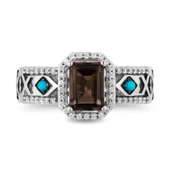 Enchanted Disney Fine Jewelry Sterling Silver with 1/5 CTTW Diamond with Smokey Quartz and Turquoise Pocahontas Ring