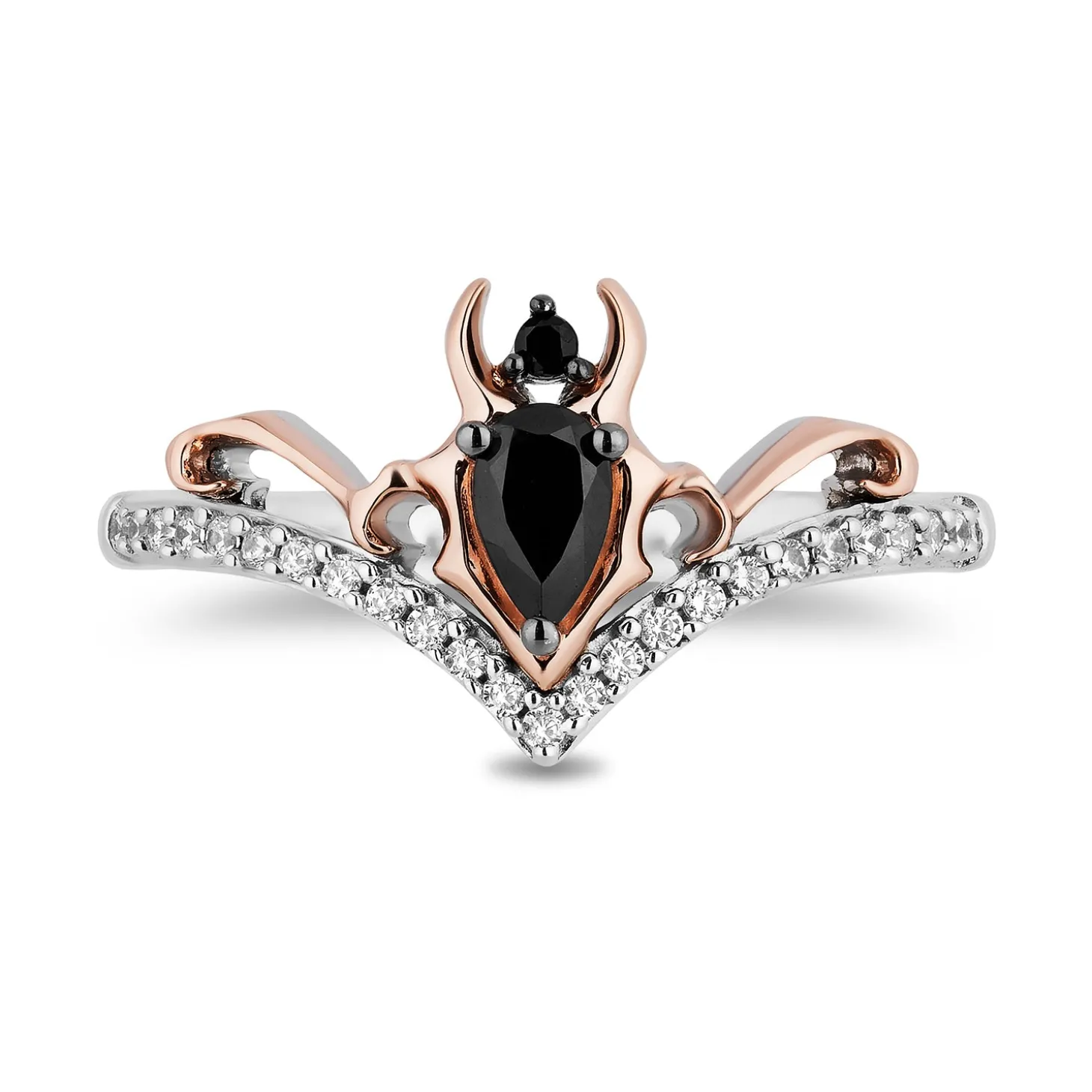 Enchanted Disney Fine Jewelry 10K Rose Gold and Sterling Silver with 1/6 CTTW Black and White Diamond with Black Onyx Maleficent Ring
