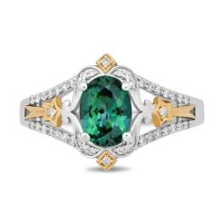 Enchanted Disney Fine Jewelry Sterling Silver and 10K Yellow Gold with 1/5 CTTW Diamond and Created Emerald Tinker Bell Ring
