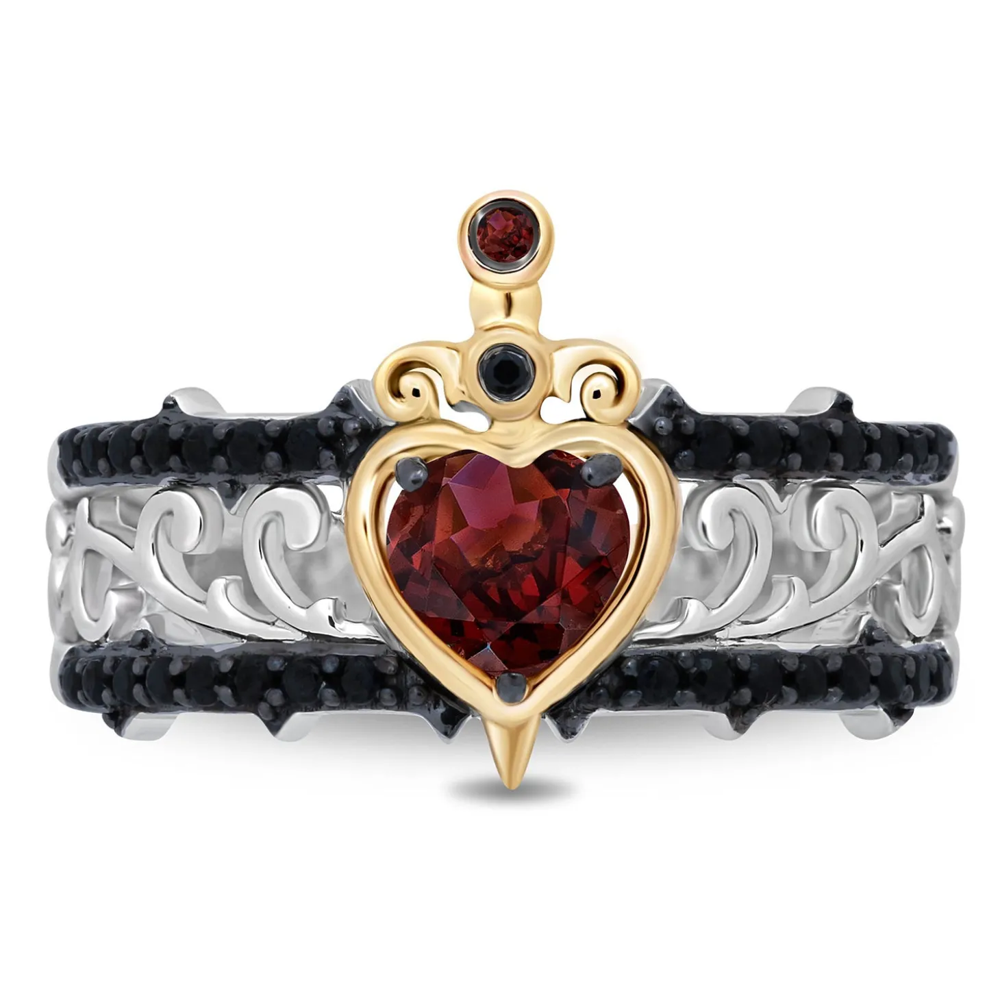 Enchanted Disney Fine Jewelry 10K Yellow Gold and Sterling Silver with 1/4 CTTW Black Diamond and Red Garnet Evil Queen Ring