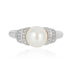 Enchanted Disney Fine Jewelry Sterling Silver 1/6 CTTW Diamond with Pearl and London Blue Topaz Cinderella Ring
