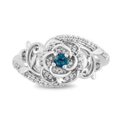 Enchanted Disney Fine Jewelry Sterling Silver with 1/6 CTTW Diamond and London Blue Topaz Cinderella 70th Anniversary Gardenia Flower Ring