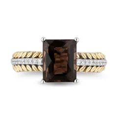Enchanted Disney Fine Jewelry Sterling Silver and 10K Yellow Gold with 1/10 CTTW Diamond and Smokey Quartz Pocahontas Feather Ring