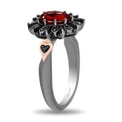 Enchanted Disney Fine Jewelry Black Rhodium Over Sterling Silver and 10K Rose Gold 1/10 CTTW Black Diamond with Black Onyx and Red Garnet Evil Queen Throne Ring