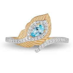 Enchanted Disney Fine Jewelry 10K Yellow Gold 1/6 CTTW Diamond with Swiss Blue Topaz Jasmine Peacock Feather Ring