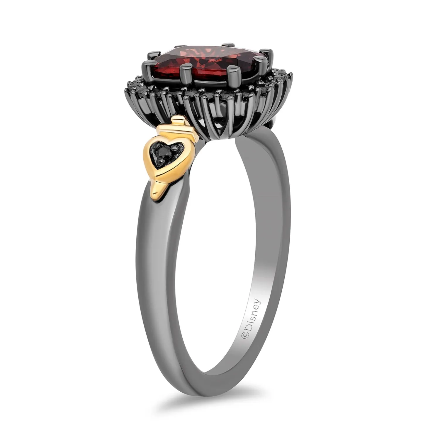 Enchanted Disney Fine Jewelry Sterling Silver and 10K Yellow Gold with 1/5 CTTW. Black Diamonds and Garnet Evil Queen Ring
