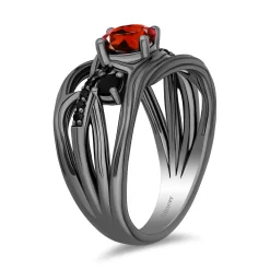 Enchanted Disney Fine Jewelry Black Rhodium Over Sterling Silver with 1/10 CTTW Black Diamonds and Garnet Evil Queen Dark Woods Ring