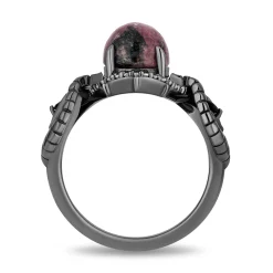 Enchanted Disney Fine Jewelry Black Rhodium Over Sterling Silver 1/10 CTTW Diamonds with Rhodonite and Black Onyx Maleficent Ring