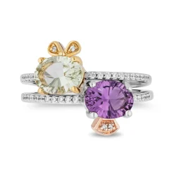 Enchanted Disney Fine Jewelry Sterling Silver and 10K Yellow and Rose Gold 1/6 CTTW Diamond with Green and Purple Amethyst Stepsisters Stackable Ring