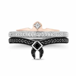 Enchanted Disney Fine Jewelry Black Rhodium over Sterling Silver and 10K Rose Gold 1/4 CTTW Black Diamond and White Diamond Aurora Duo Set Ring