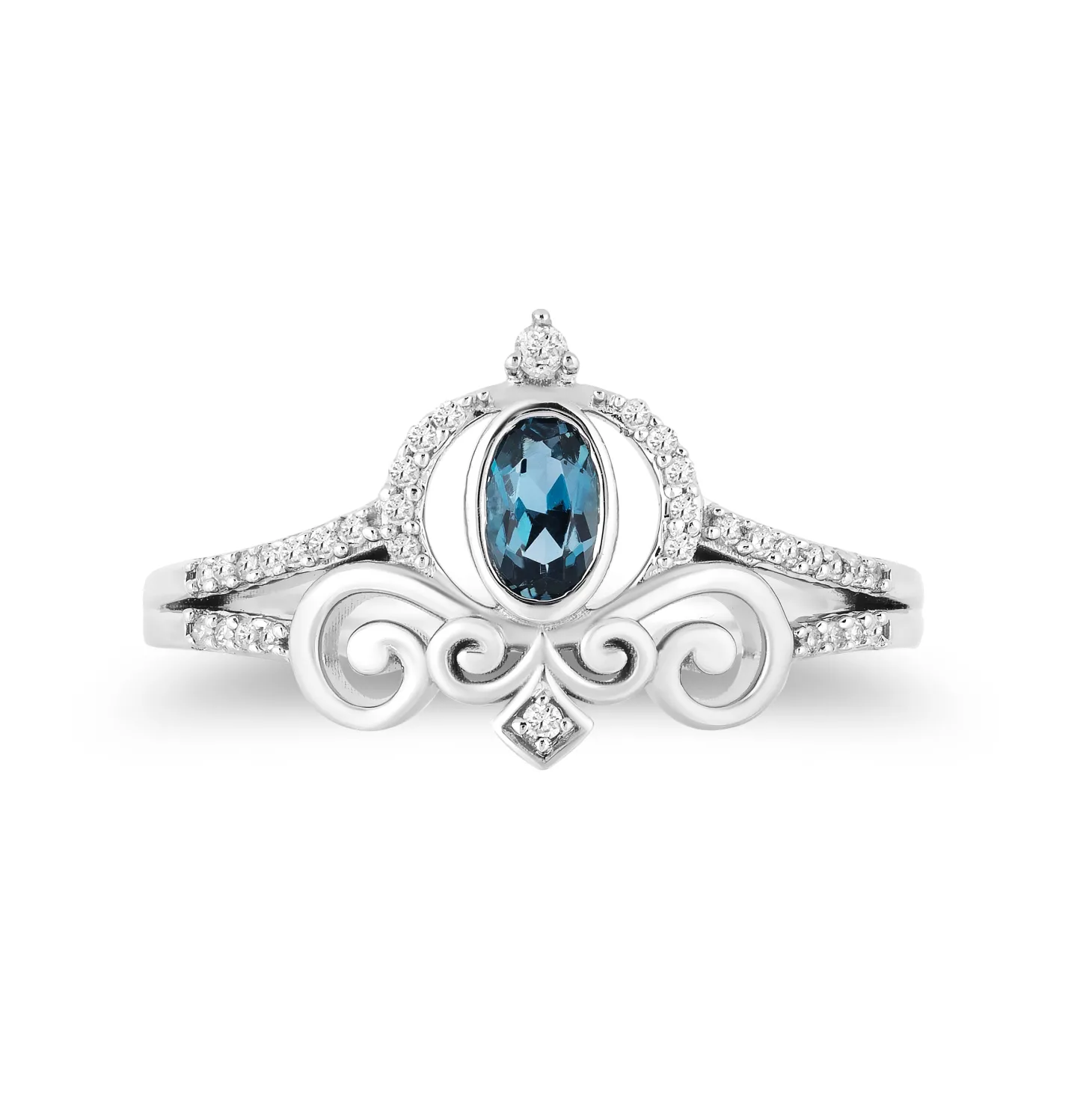 Enchanted Disney Fine Jewelry Sterling Silver with 1/10 CTTW Diamond and London Blue Topaz Cinderella Carriage Ring
