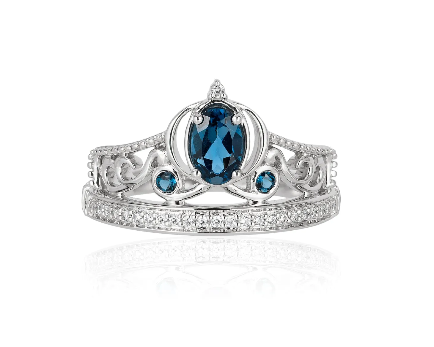 Enchanted Disney Fine Jewelry Sterling Silver with 1/10 CTTW Diamond and London Blue Topaz Cinderella Carriage Tiara Ring