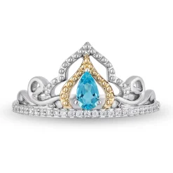 Enchanted Disney Fine Jewelry Sterling Silver and 10K Yellow Gold 1/10 CTTW Diamond and Swiss Blue Topaz Jasmine Ring