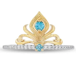 Enchanted Disney Fine Jewelry 14K Yellow Gold over Sterling Silver with 1/10 CTTW Diamond and Swiss Blue Topaz Jasmine Ring
