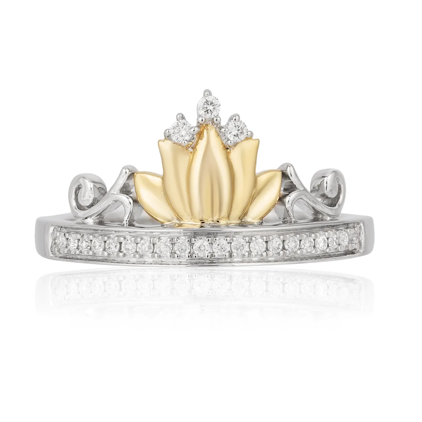 Enchanted Disney Fine Jewelry Sterling Silver and 10K Yellow Gold 1/10 CTTW Tiana Water Lily Tiara Ring