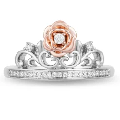 Enchanted Disney Fine Jewelry Sterling Silver and 10k Rose Gold 1/10 CTTW Belle Rose Tiara Ring