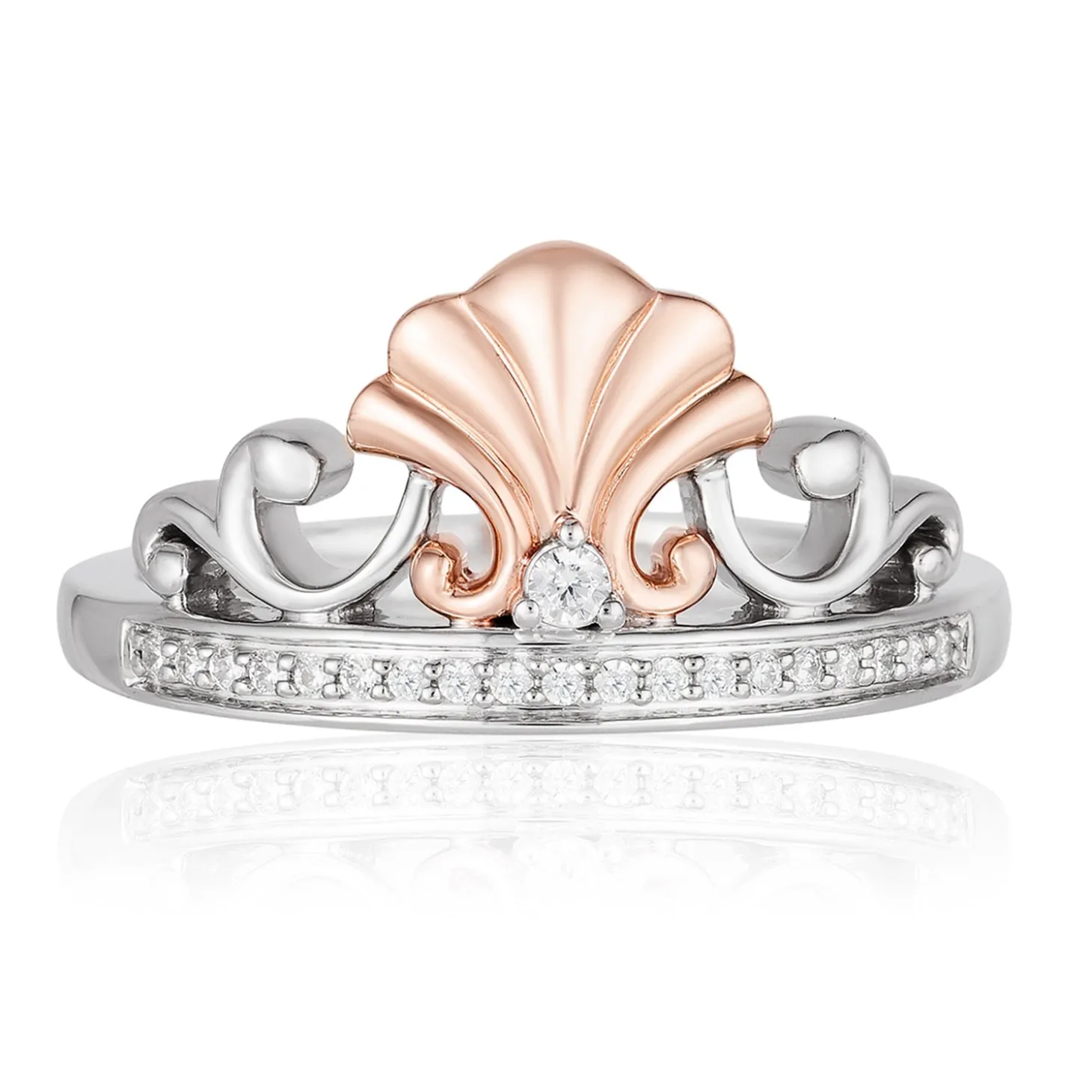 Enchanted Disney Fine Jewelry Sterling Silver and 10k Rose Gold 1/10 CTTW Ariel Shell Tiara Ring