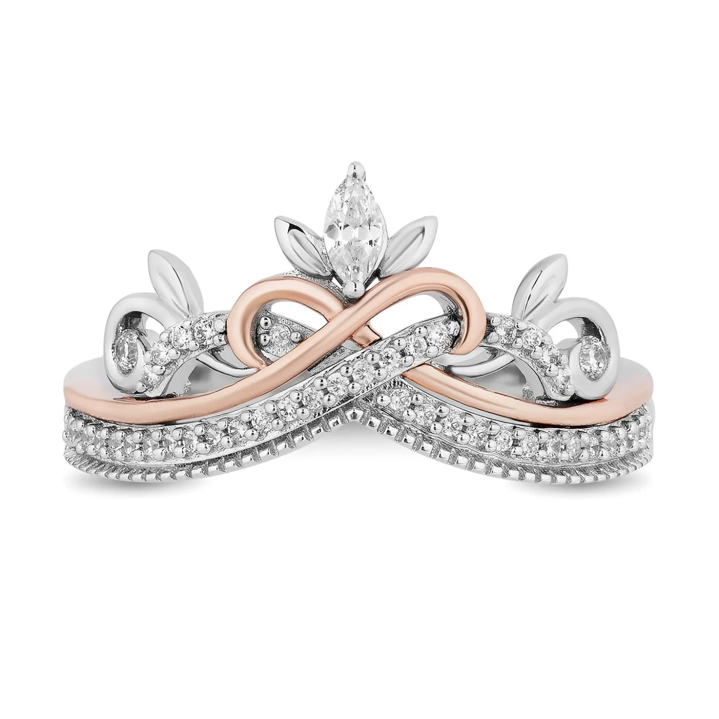 Enchanted Disney Fine Jewelry Sterling Silver and 10K Rose Gold with 1/5 CTTW Round and Marquise Diamond Rapunzel Tiara Ring