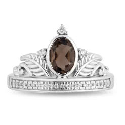 Enchanted Disney Fine Jewelry Sterling Silver 1/10 CTTW Diamond and Smokey Quartz Pocahontas Feather Tiara Ring