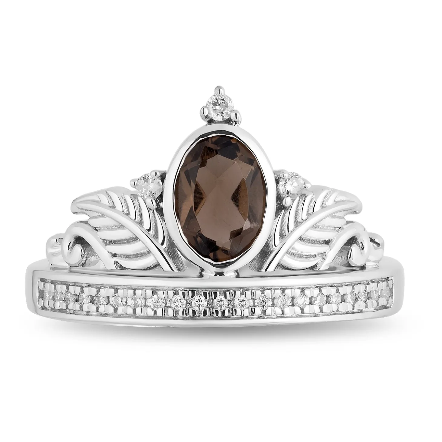 Enchanted Disney Fine Jewelry Sterling Silver 1/10 CTTW Diamond and Smokey Quartz Pocahontas Feather Tiara Ring
