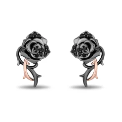 Enchanted Disney Fine Jewelry Black Rhodium Over Sterling Silver and 10K Rose Gold with 1/6 CTTW Black Diamonds Maleficent Rose Earrings