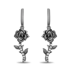 Enchanted Disney Fine Jewelry Black Rhodium Over Sterling Silver with 1/8 CTTW Black and White Diamond Maleficent Rose Earrings