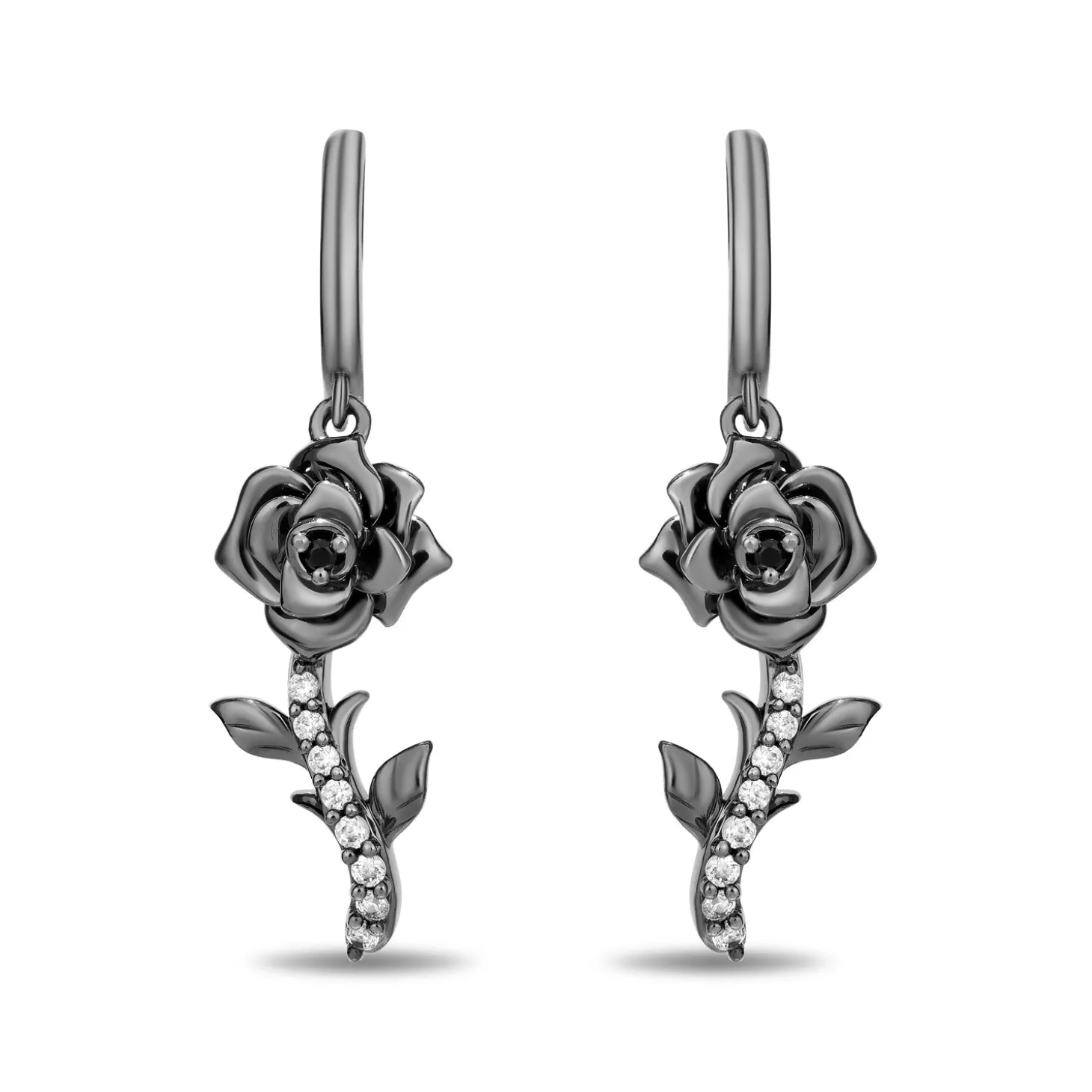 Enchanted Disney Fine Jewelry Black Rhodium Over Sterling Silver with 1/8 CTTW Black and White Diamond Maleficent Rose Earrings