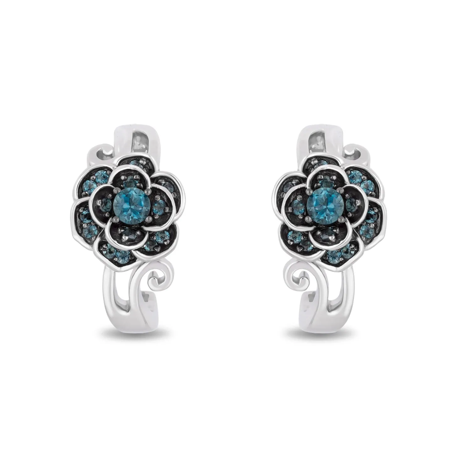 Enchanted Disney Fine Jewelry Sterling Silver with London Blue Topaz Cinderella Gardenia Flower Huggie Earrings