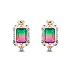 Enchanted Disney Fine Jewelry Sterling Silver, 10K Rose Gold and Yellow Gold with 1/10 CTTW Diamonds and Watermelon Quartz Cinderella Step Sister Earrings