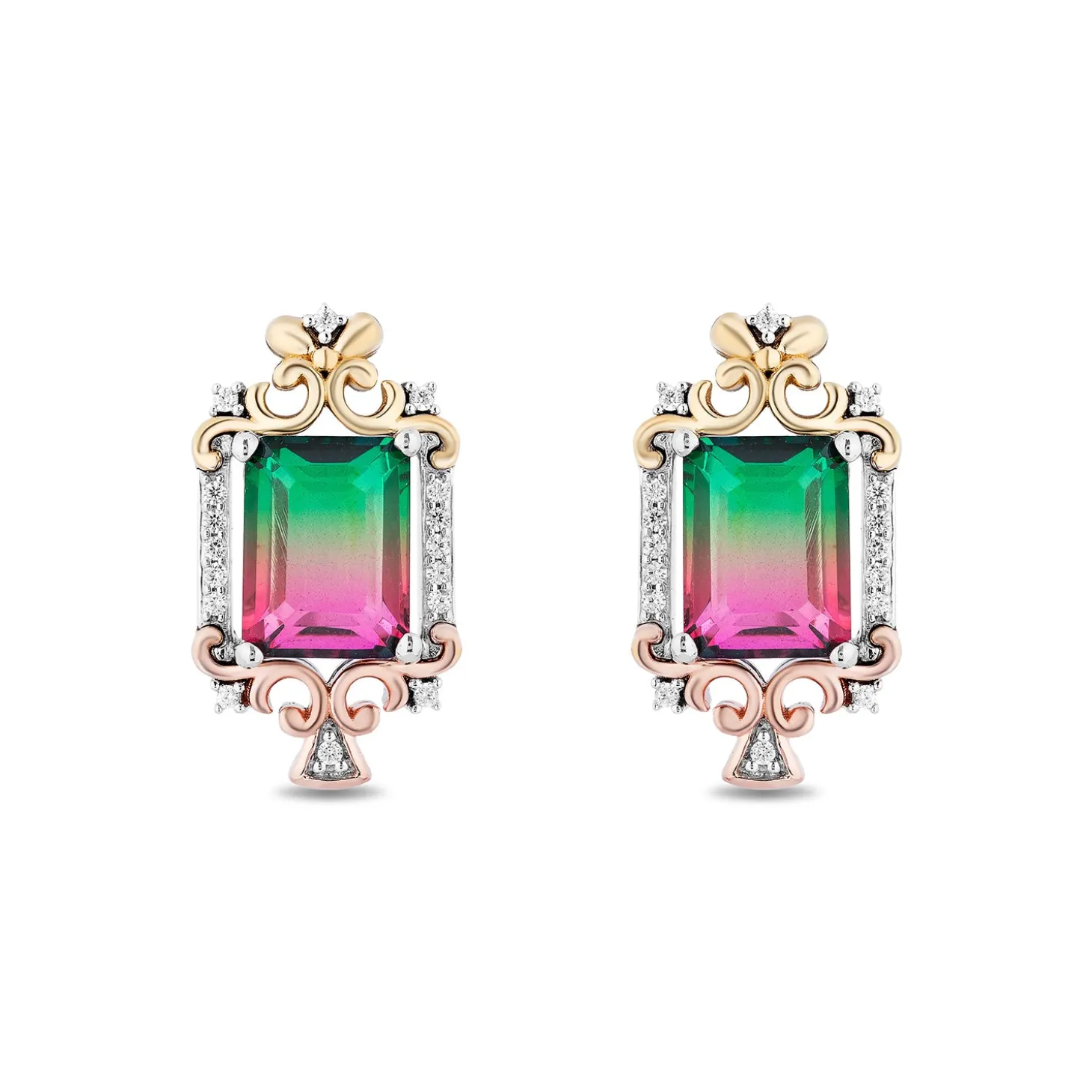Enchanted Disney Fine Jewelry Sterling Silver, 10K Rose Gold and Yellow Gold with 1/10 CTTW Diamonds and Watermelon Quartz Cinderella Step Sister Earrings
