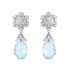 Enchanted Disney Fine Jewelry 14K White Gold With 1/10 CTTW Diamond and Aquamarine Elsa Snow Flake Earrings