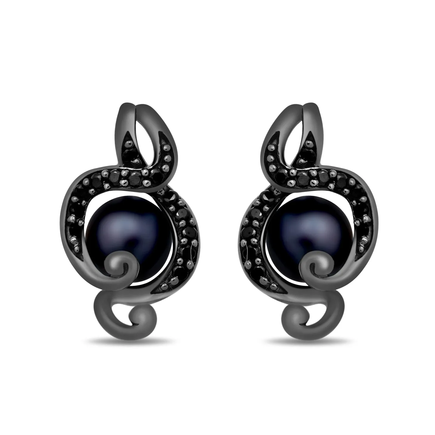 Enchanted Disney Fine Jewelry Black Rhodium over Sterling Silver with 1/5 CTTW Black Diamond and Round Pearl Ursula Earrings
