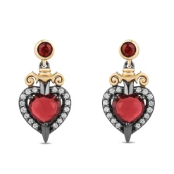 Enchanted Disney Fine Jewelry Black Rhodium Over Sterling Silver and 10K Yellow Gold with 1/8 CTTW Diamond and Red Garnet Evil Queen Earrings