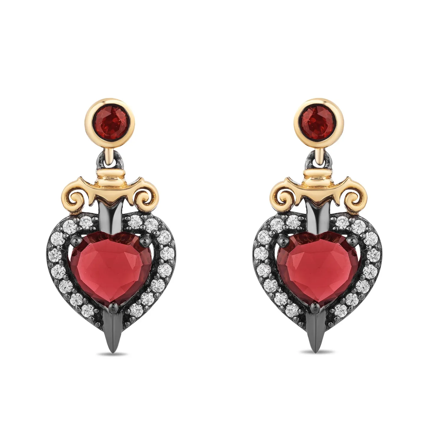 Enchanted Disney Fine Jewelry Black Rhodium Over Sterling Silver and 10K Yellow Gold with 1/8 CTTW Diamond and Red Garnet Evil Queen Earrings