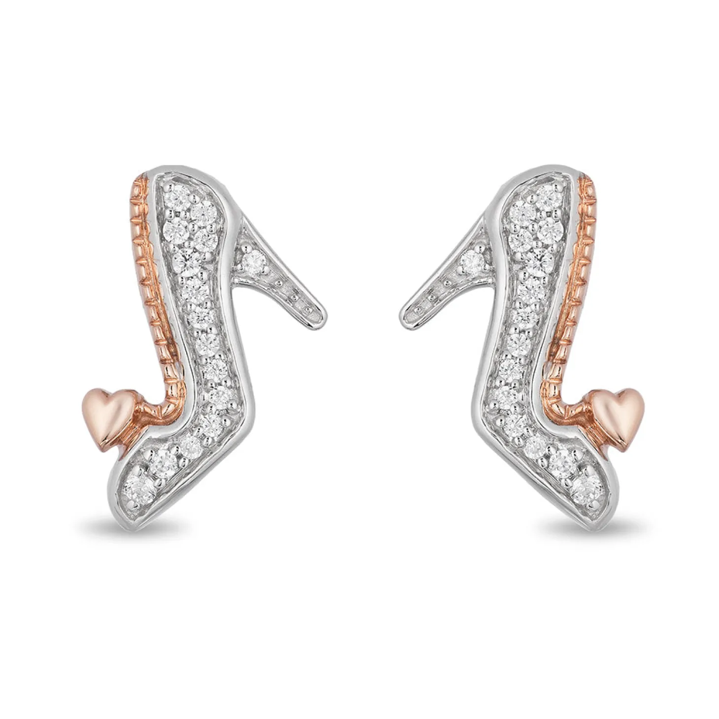 Enchanted Disney Fine Jewelry Sterling Silver and 10K Rose Gold with 1/10 CTTW Diamond Cinderella Slipper Earrings