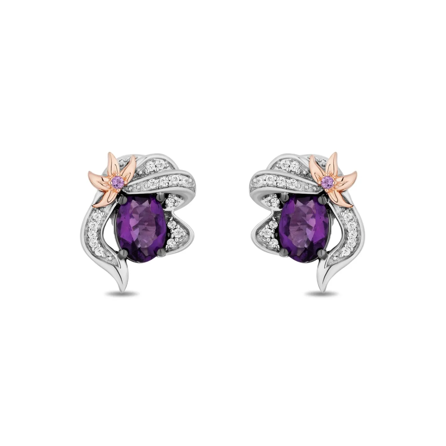 Enchanted Disney Fine Jewelry Sterling Silver and 10K Rose Gold with 1/10 CTTW White Diamond and Amethyst Ariel Stud Earrings