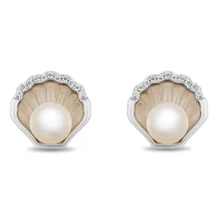 Enchanted Disney Fine Jewelry Sterling Silver with 1/20 CTTW Diamonds and Pearl Ariel Shell Stud Earrings