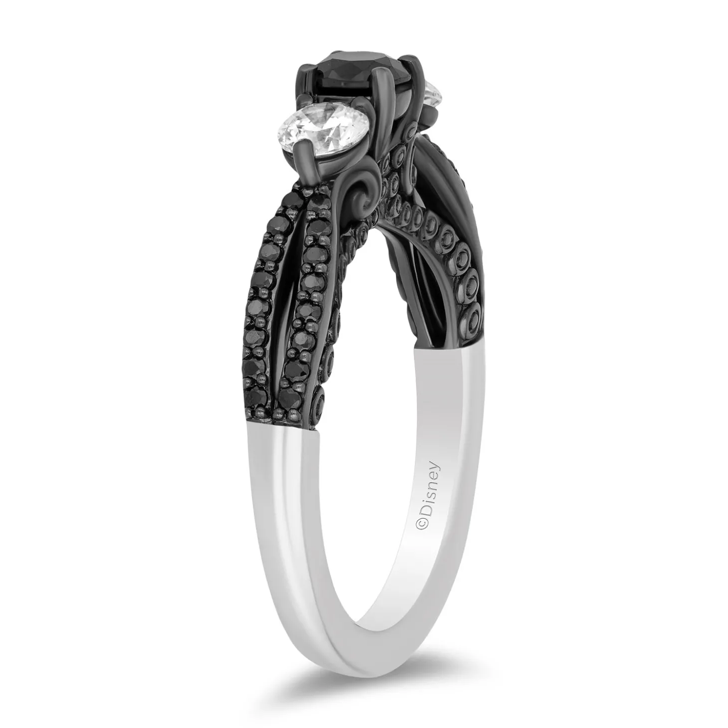 Enchanted Disney Fine Jewelry 14K White Gold with Black Rhodium Ursula Black and White diamond Three Stone Engagement ring with 1 1/4 CTTW Diamonds